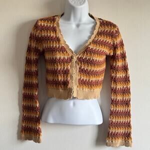 West of Melrose Cropped Knit Crochet Brown‎ Top Festival 70's Boho Y2k